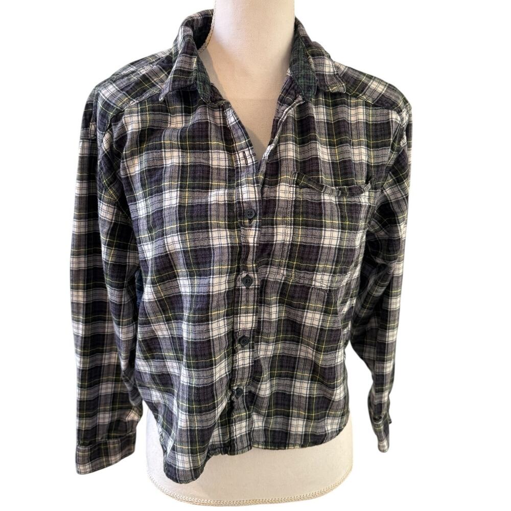 American Eagle Cropped Flannel Shirt Blue Green S